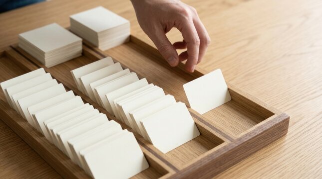 Blank Planning Cards Sorted in Wooden Tray With One Diverted Card for Workflow Exception Handling and Business Process Review