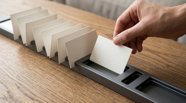Hand placing blank card into modular desktop channel for staged business review process control workflow planning and clean office presentation background