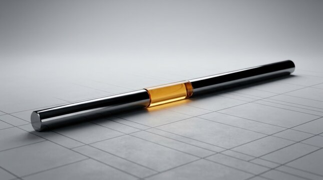 Abstract black steel rod with transparent amber glass checkpoint on grey grid background for risk management header