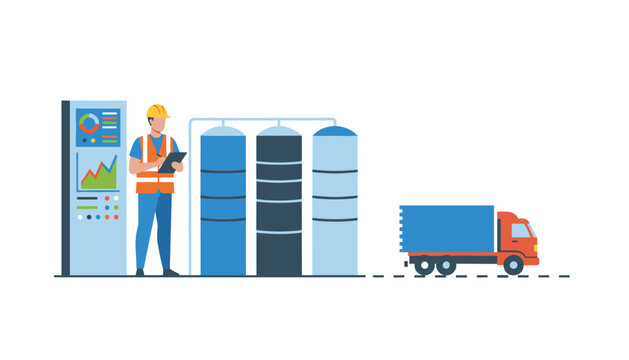 Industrial worker in a hard hat and orange vest writing on a clipboard near storage tanks and a delivery truck for manufacturing logistics and supply chain management.