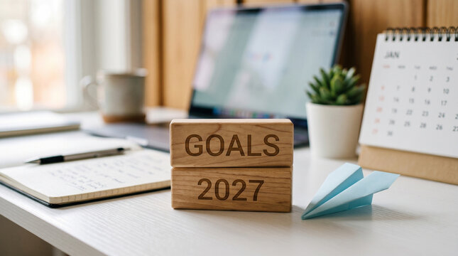 Business wooden block setup on desk with goals 2027 text next to notebook and paper plane signifying vision for future development professional growth strategy and planning phase.