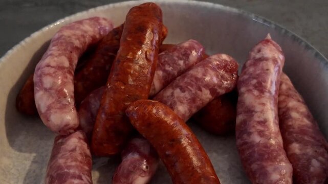 Assortment of chipolatas and merguez close-up cinematic view. Macro shot of assortment of chipolatas and merguez. Assortment of chipolatas and merguez in slow motion.