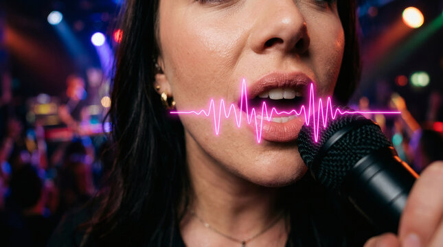Woman singing into a microphone.