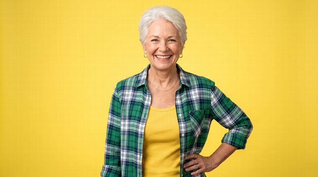 Cheerful senior woman smiling in yellow background portrait photography lifestyle concept