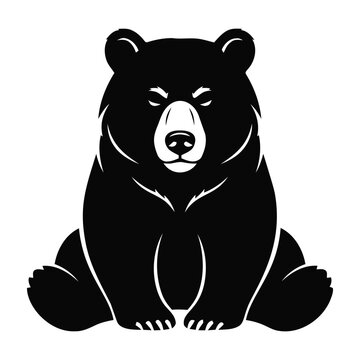 Stylized silhouette of a seated black bear with white accents highlighting its face and fur isolated on a white background representing wildlife and nature