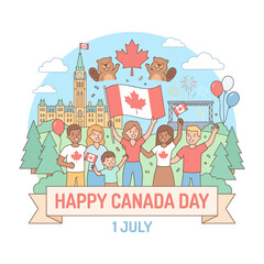 Fototapeta premium Happy canada day celebration with diverse people holding national flag