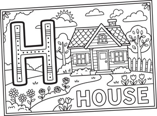 Fototapeta premium Letter H House Coloring Page with Alphabet Learning Activity, Educational Preschool Printable for Kids and Toddlers