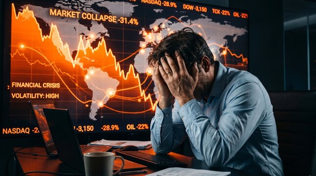 Man in despair over market collapse and financial crisis on stock market data screen with charts and graphs.