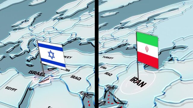 A 3D world map highlights Israel, and Iran, the Middle East, IRAN map, Israel map, iran israel war, iran israel map, ISRAEL FLAG, IRAN FLAG,