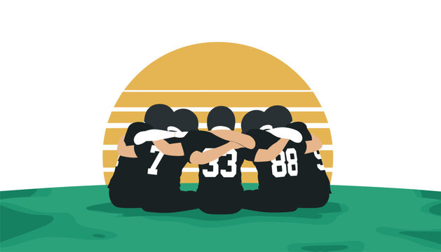 Football players in black jerseys with numbers 7, 33, and 88 form a tight team huddle against a stylized sunset backdrop for sports motivation.