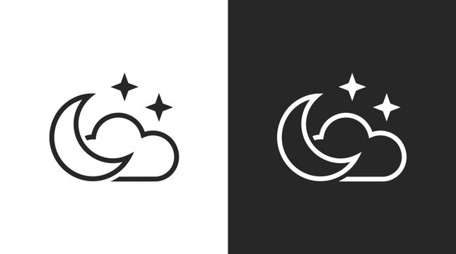 Minimalist vector illustration featuring a crescent moon and fluffy cloud with bright sparkling night stars