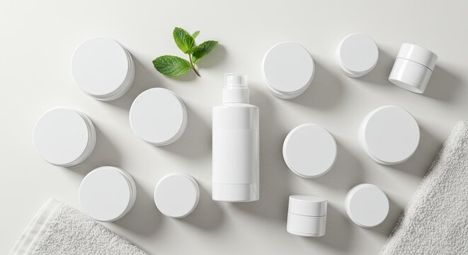Skincare products and a green leaf arranged on a white surface with towels