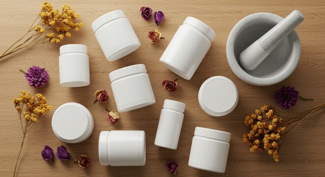 Various white containers and mortar with flowers on a wooden table