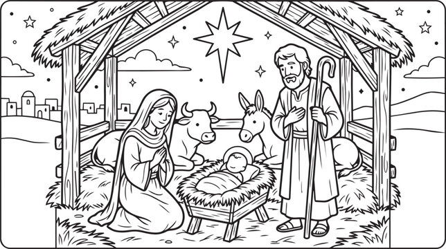 Nativity Scene Coloring Page Featuring Baby Jesus, Mary, Joseph, and Bethlehem Stable for Kids and Adults