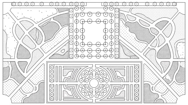 2D landscape site plan drawing of formal French garden with symmetrical parterre design and grid tree orchard