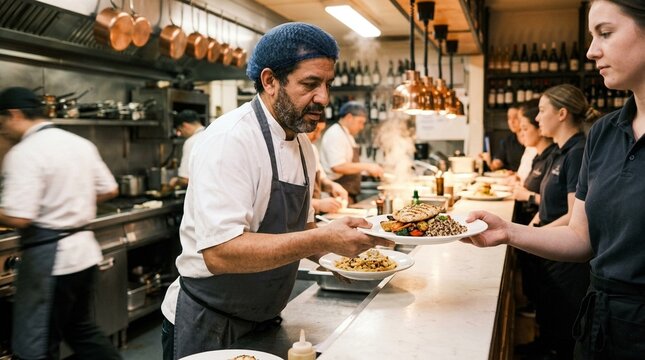 Professional Cook Serving Plated Dishes in Restaurant Kitchen