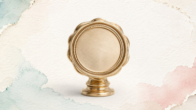 Round brass cabinet knob with scalloped edge on watercolor paper background