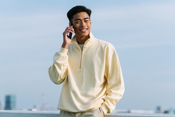 Obraz premium Smiling young man using smartphone on rooftop in a light yellow quarter zip sweater for casual banner and website hero background