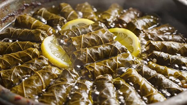 Cooked stuffed grape leaves garnished with lemon slices.