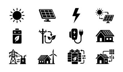 Minimal Black Solar Power Symbols Icon Set Renewable Energy Silhouette Vector Pack Clean Design © Tanjimul