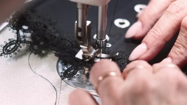 Clothing production. Garment making. Seamstress hand attaching lace to black corset. Needle work technique on electric sewing machine.