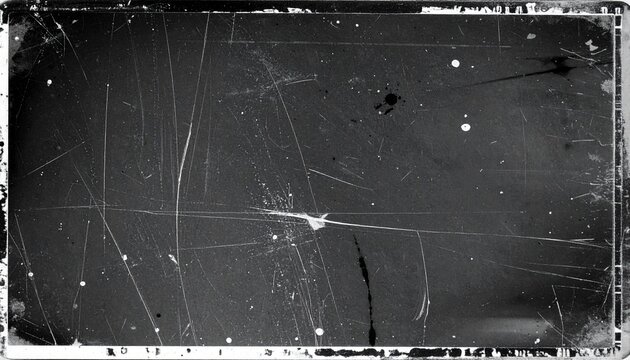 Gritty overlay texture of vintage 35mm film emulsion distress with white scratches and darkroom chemical stains