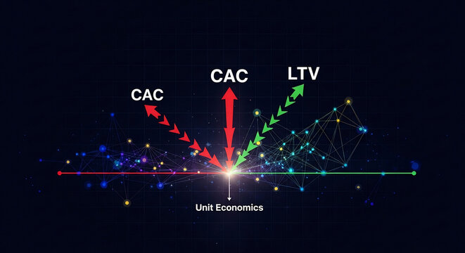 Conceptual Unit Economics with Customer Acquisition Cost (CAC) and Lifetime Value (LTV) metrics on a digital data background