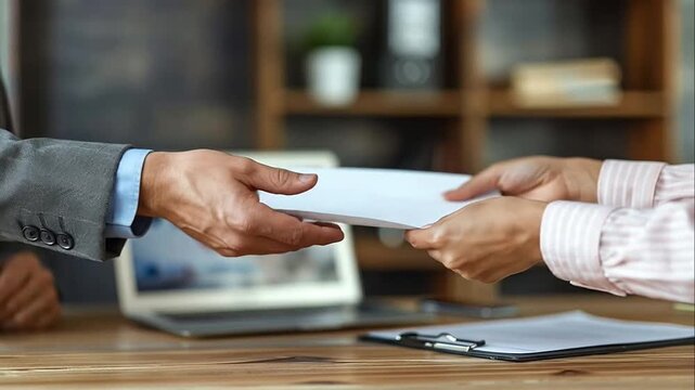 Professional businessman handing over a white document to a client across a wooden desk in a modern office