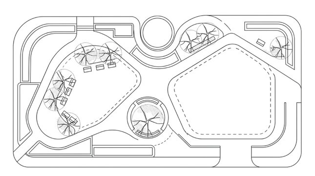 Landscape design site plan drawing of minimalist urban park with pentagonal lawn and circular tree planter plaza