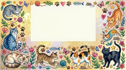 Fototapeta premium Cute Cat Border Frame Template with Tabby Cat and Flowers for Greeting Cards and Invitations
