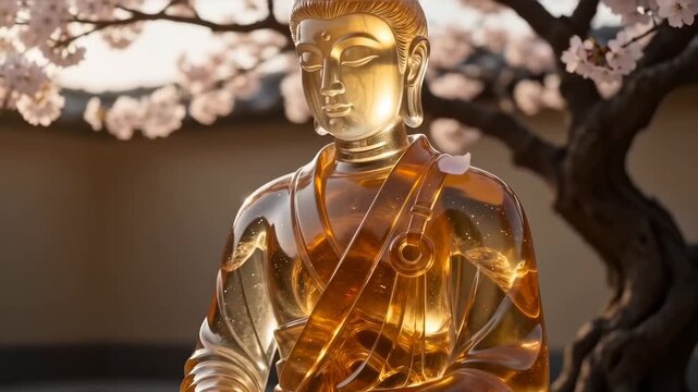 Golden Buddha figure sits cross-legged under a cherry blossom tree in a Japanese garden. Soft petals fall around the calm space