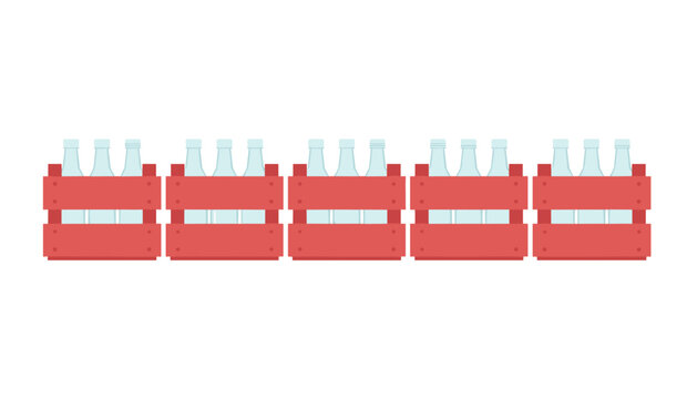 Red wooden crates holding glass bottles are arranged in a row to represent bulk beverage storage, wholesale distribution, and efficient inventory management for retail supply.