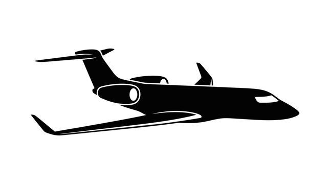Black silhouette of a private jet airplane flying in the sky for travel and aviation business concepts