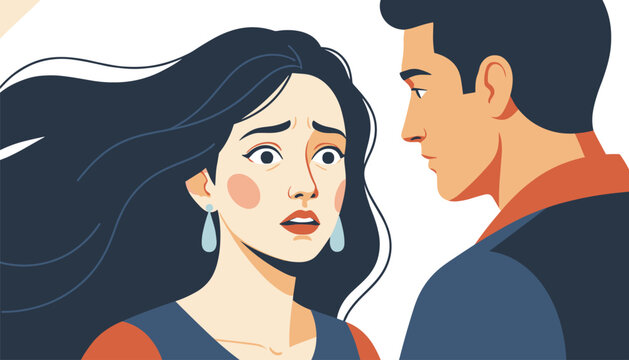 Woman with long dark hair and earrings looking anxiously at a man to capture a moment of emotional tension, romantic drama, or interpersonal conflict for storytelling and character study.