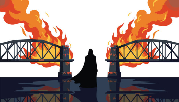 Silhouette figure standing between two burning bridge sections over dark water with bright orange flames rising against a stark white background.