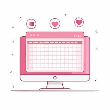 Pink Computer Screen with Calendar and Hearts