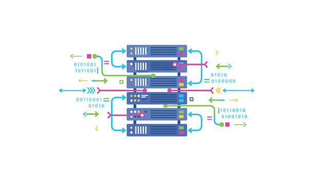 Server racks with data flow arrows and binary code illustrating network connectivity and information processing in a digital environment.