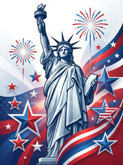 Naklejka premium American Independence Day Greeting Card Template with Statue of Liberty
