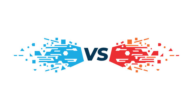 Blue and red geometric shapes exploding outward from a central VS text on a white background for competitive versus comparison concepts.