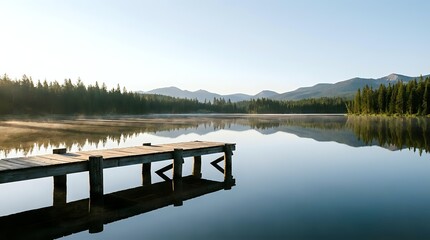 Fototapeta premium Wooden dock extending into calm lake with forested mountains and clear sky reflected in still water, suitable for travel, nature, and outdoor recreation marketing.