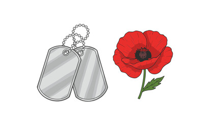 Obraz premium Silver military identification tags paired with red poppy flower memorial tribute for fallen soldiers on remembrance day.