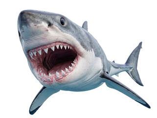 Striking 3D render of a great white shark with menacing open jaws and sharp teeth, isolated.