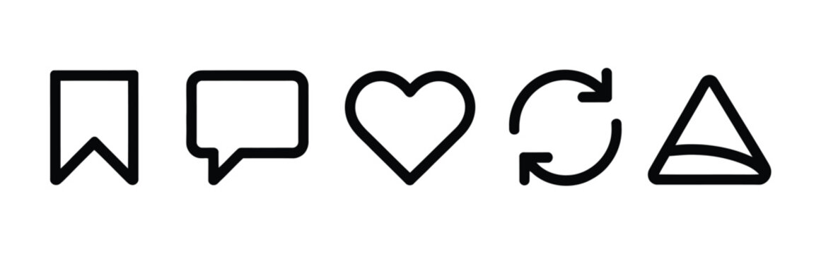 Social media interaction line icon set, like comment save share and repost symbols in clean outline vector style.