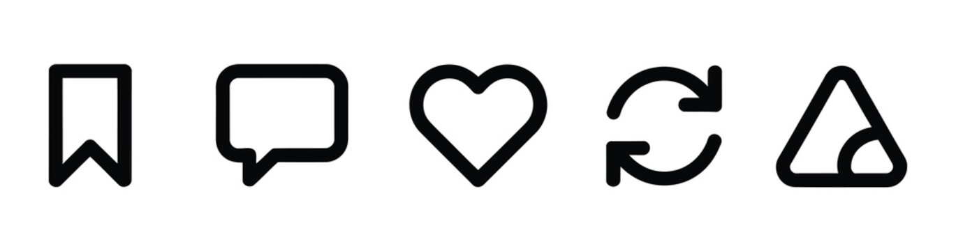 Instagram style engagement icons, minimalist social networking symbols for likes comments sharing saving and reposting actions.