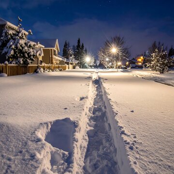 A snow-covered suburban street at night with a path and footprints