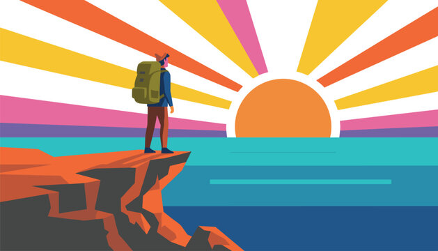 Solitary hiker with a heavy backpack standing on a rocky precipice during a warm sunrise with colorful sunbeams radiating over the calm sea for exploration inspiration.