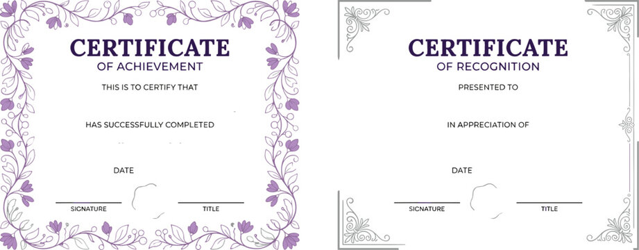 Elegant certificate template vector set with certificate of achievement and certificate of recognition featuring vintage floral borders and classic luxury frame designs