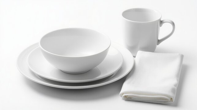 Pure white minimalist tableware arrangement with plate bowl mug and napkin on seamless high key background