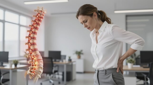 Photorealistic office scene of a woman with lower back pain and a glowing lumbar spine overlay