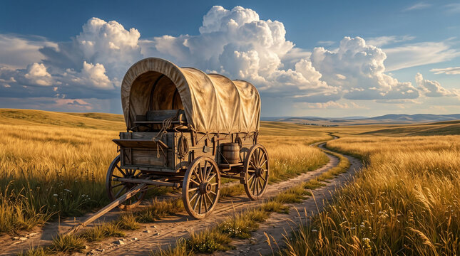 Rustic western covered wagon standing on dirt path in middle of golden wheat field under beautiful cloudy blue sky during scenic sunset time representing historic pioneer travels.